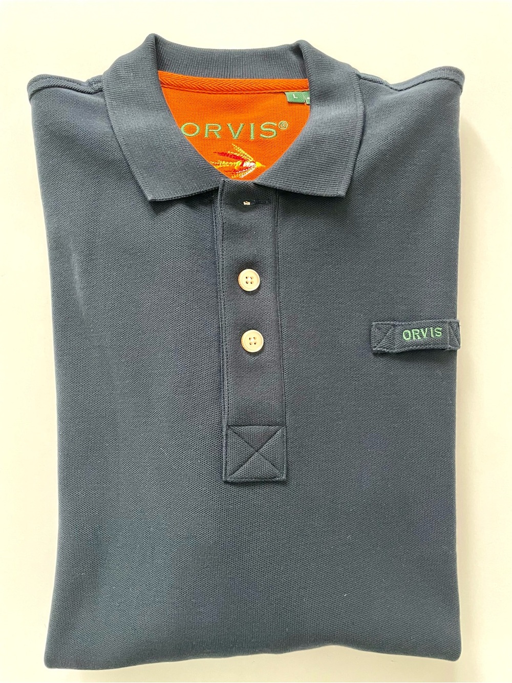 Orvis Polo Shirt Men's Signature Long Sleeve Heavy Classic Fly Fishing Logo Navy